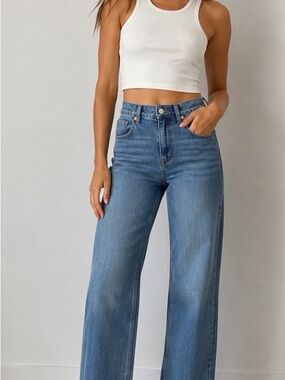ZARA High Rise Wide Leg Jeans Medium Wash Raw Hem Size 42